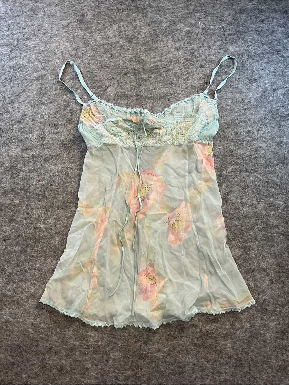 Victoria's Secret Y2K 100% Silk Mint Sheer Floral Lace-Trim Chemise Size M